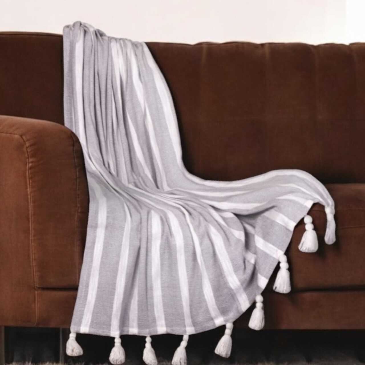Edge Collections - 50" x 60" - Gray - Stylish Striped Throw Blanket with Tassels - 1 Piece